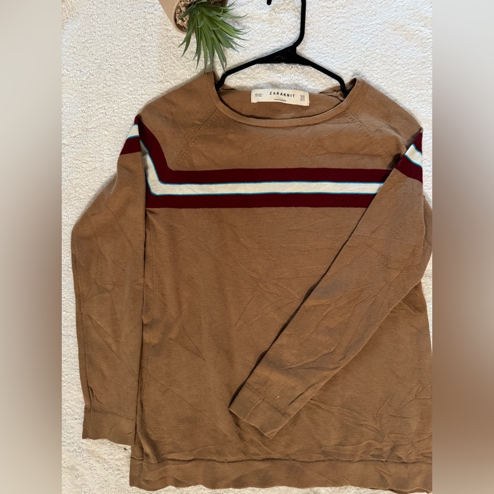 Zara Brown Sweater with Red and White Stripes